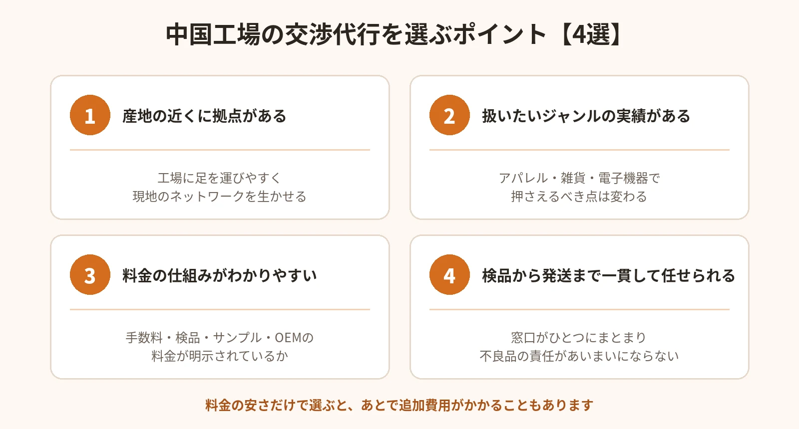 中国工場の交渉代行を選ぶ4つのポイント